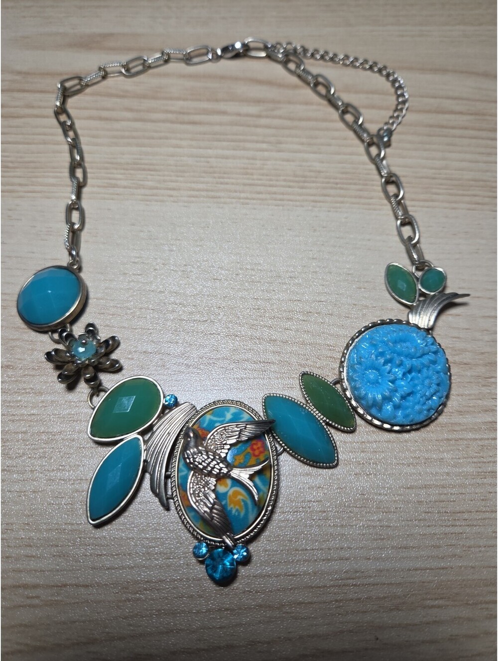 Vintage Boho Swallow Bird Statement Necklace Turquoise Green Mixed Media Collage